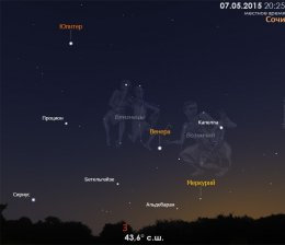 Меркурий, Венера и Юпитер на вечернем небе Сочи